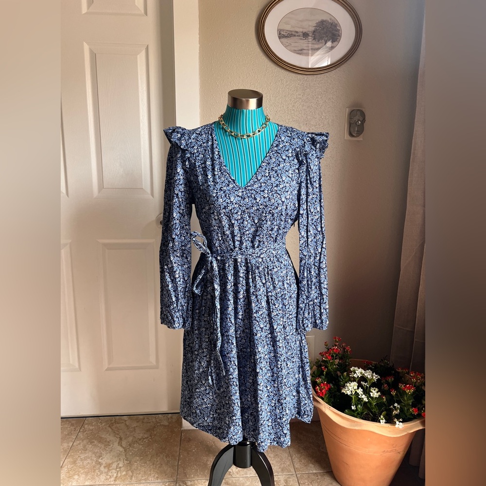 Jcrew Blue Floral V-Neck Long Sleeve Wrap Dress